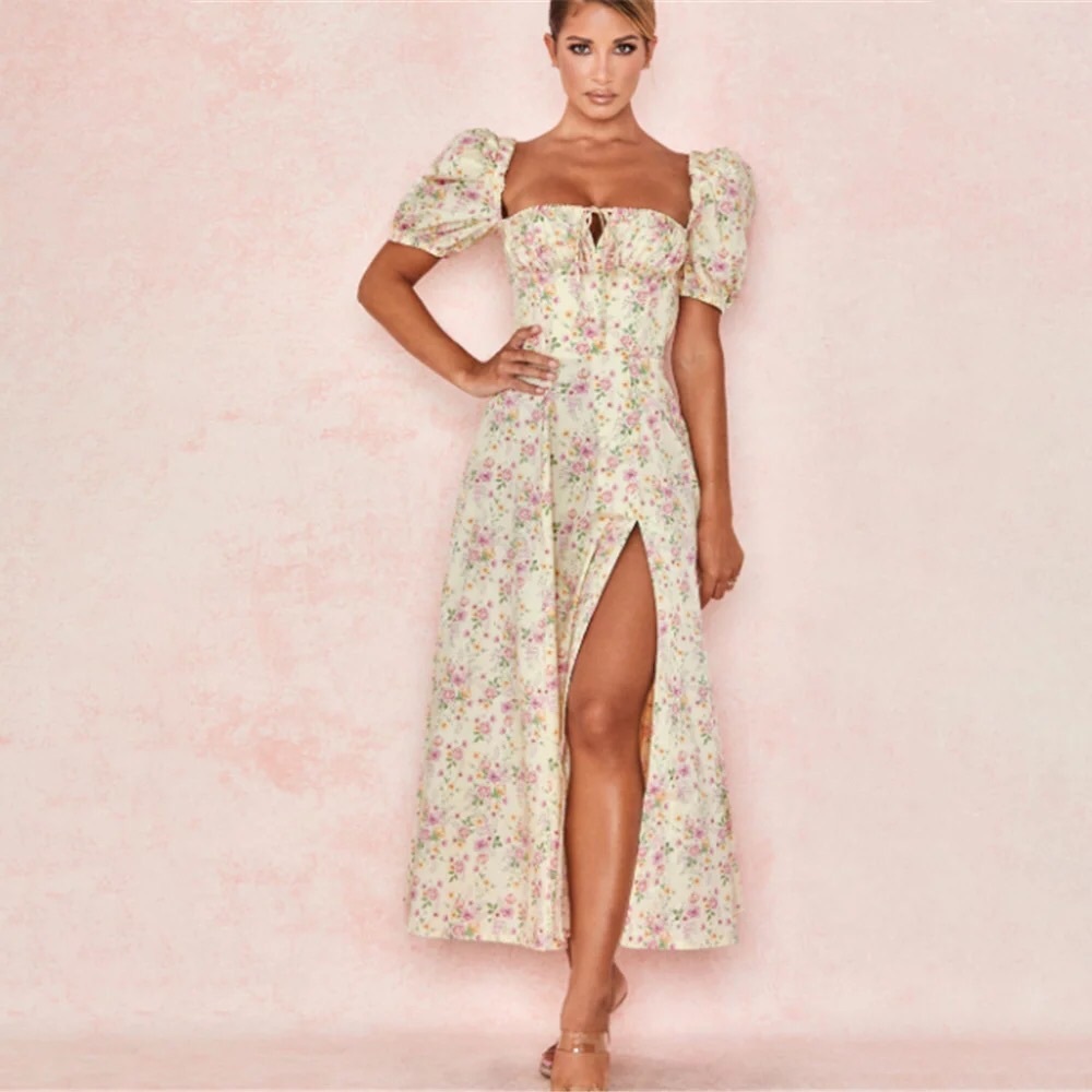 Floral dress puff sleeve summer flower slit long